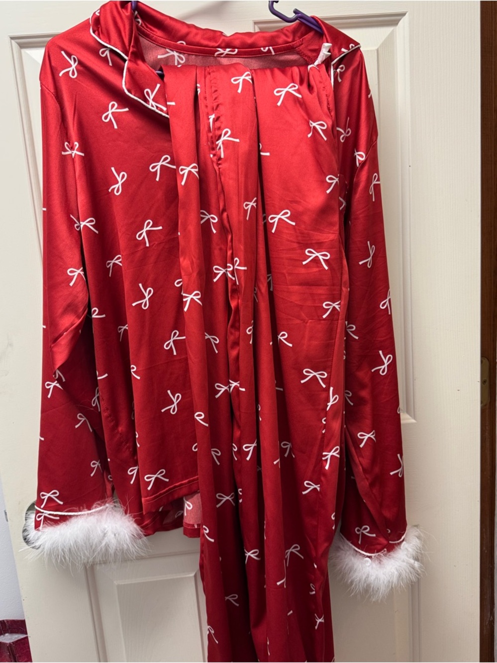 Tipsy Elves Red Satin Bow-Print Pajama Set with White Faux-Fur Cuffs